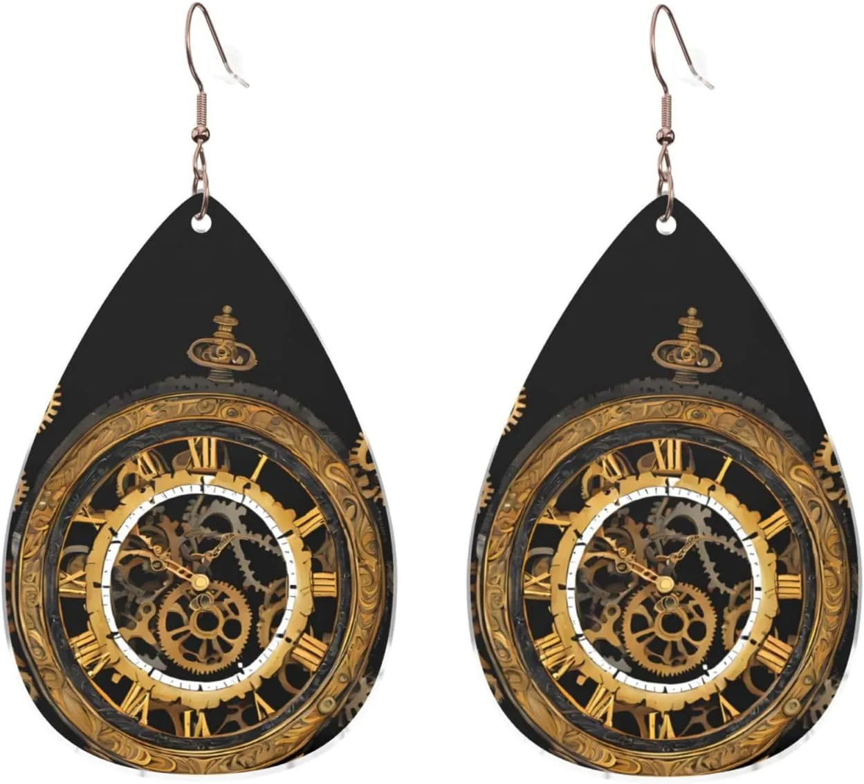 Stylish Drop-Shaped Acrylic Earrings Lightweight Printed Teardrop Dangle Earrings for Women (Gears Clock Bronze Century Print)