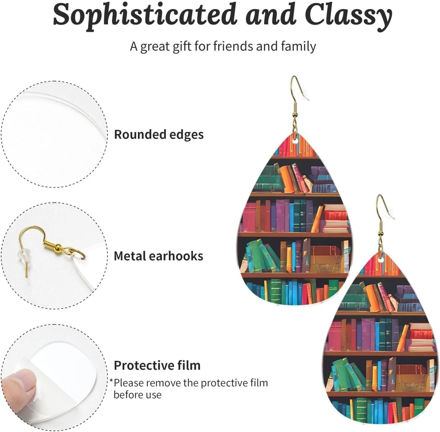 Stylish Drop-Shaped Acrylic Earrings Lightweight Printed Teardrop Dangle Earrings for Women (Library Bookshelf)