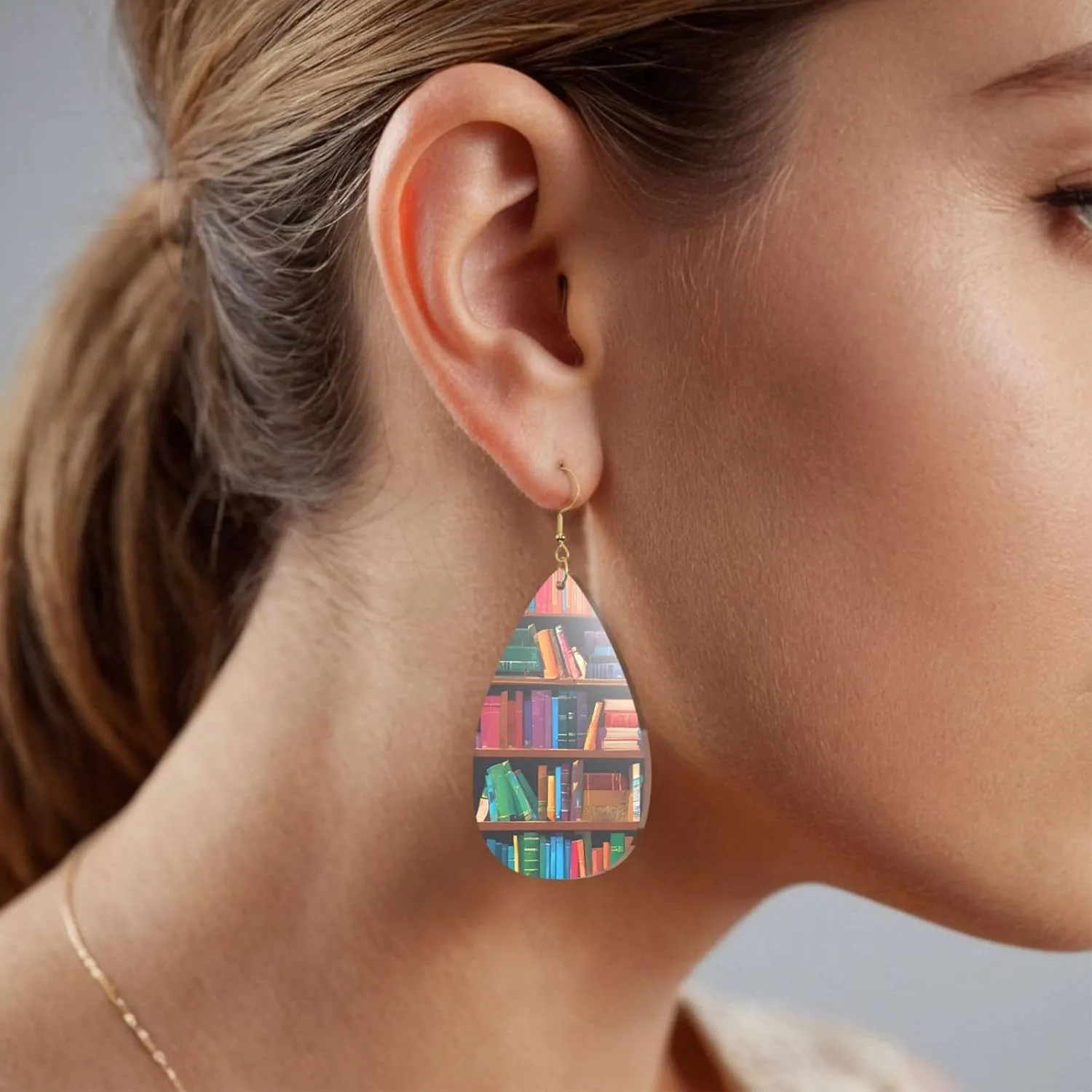 Stylish Drop-Shaped Acrylic Earrings Lightweight Printed Teardrop Dangle Earrings for Women (Library Bookshelf)