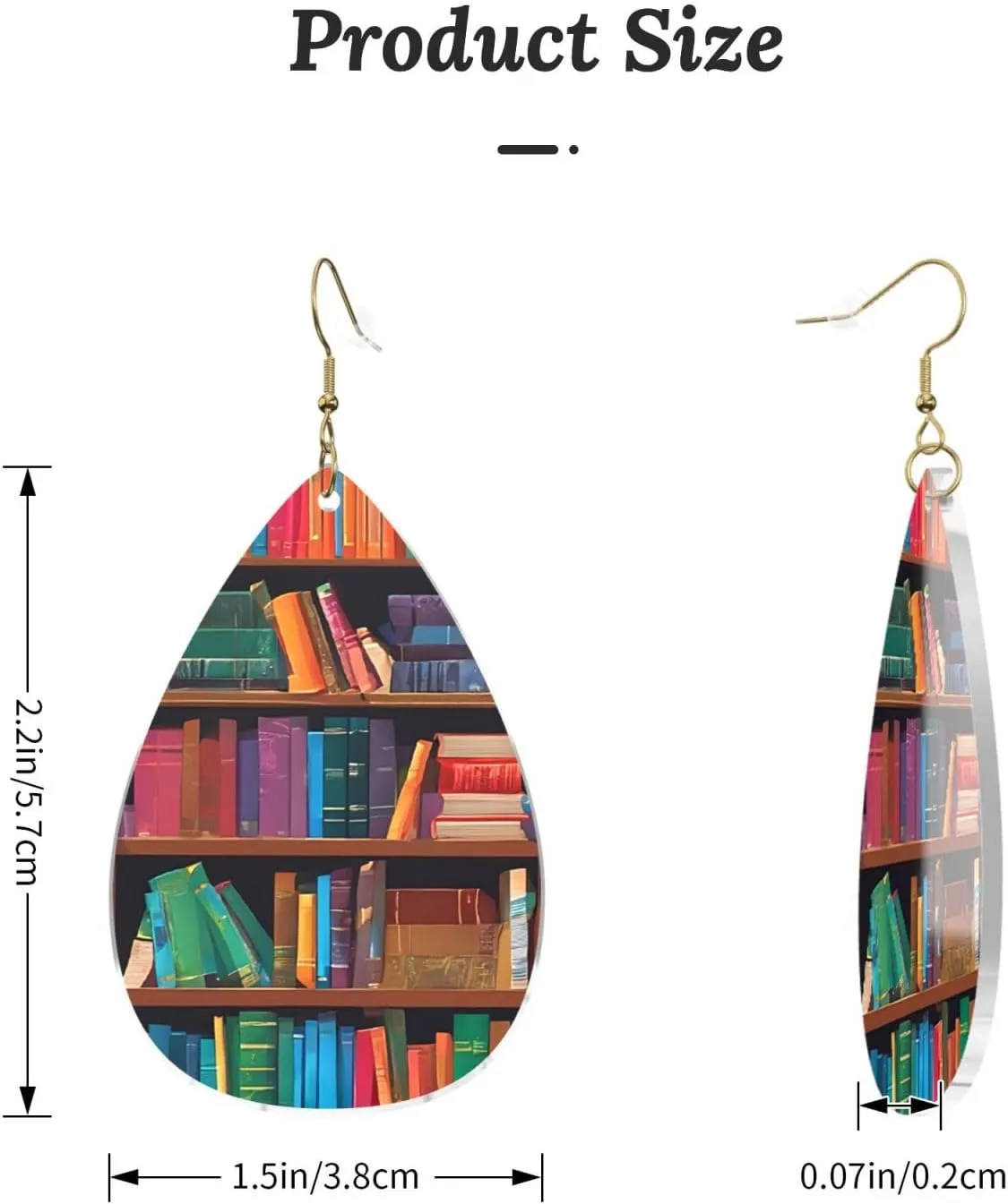 Stylish Drop-Shaped Acrylic Earrings Lightweight Printed Teardrop Dangle Earrings for Women (Library Bookshelf)