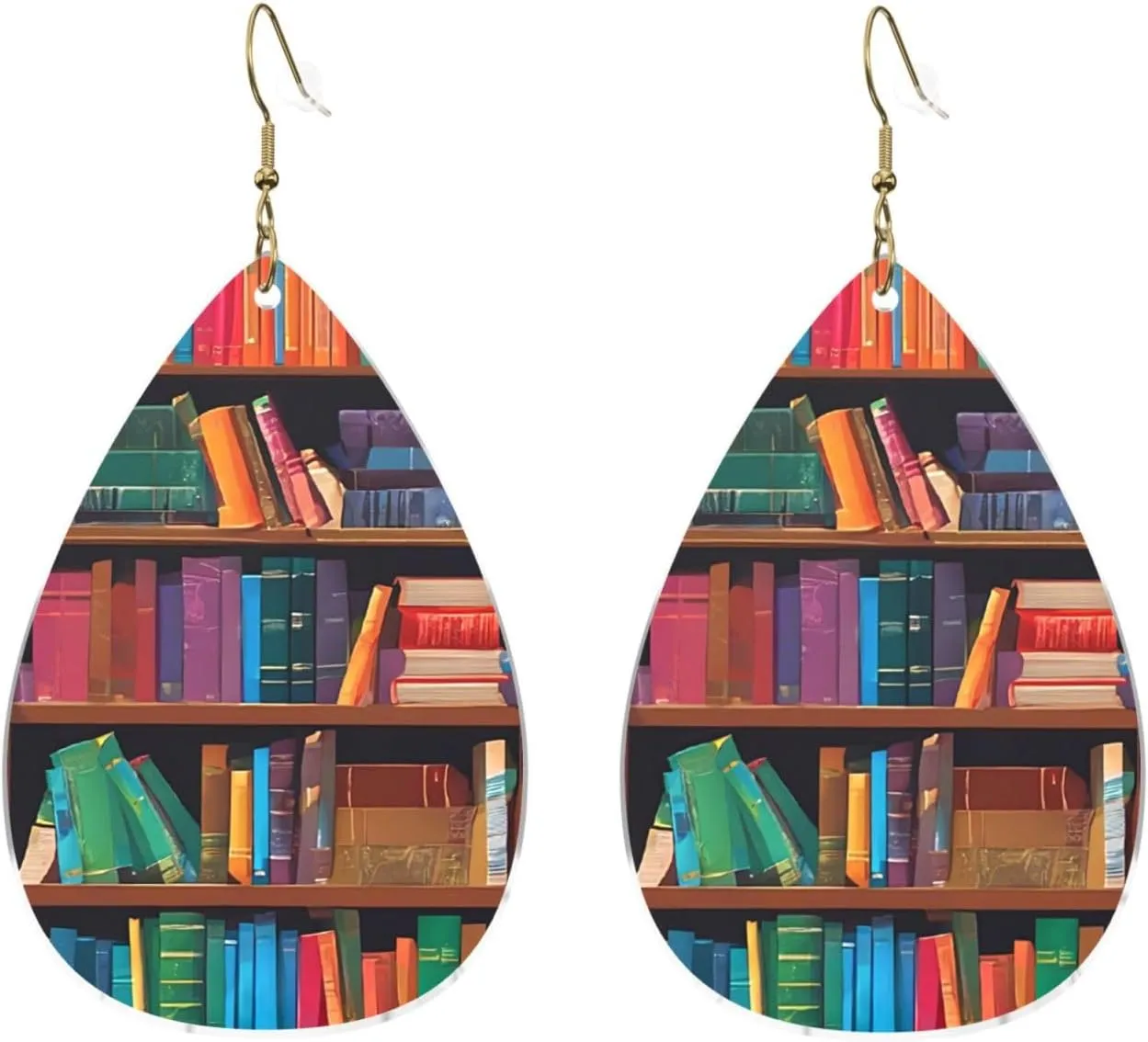 Stylish Drop-Shaped Acrylic Earrings Lightweight Printed Teardrop Dangle Earrings for Women (Library Bookshelf)
