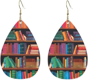 Stylish Drop-Shaped Acrylic Earrings Lightweight Printed Teardrop Dangle Earrings for Women (Library Bookshelf)