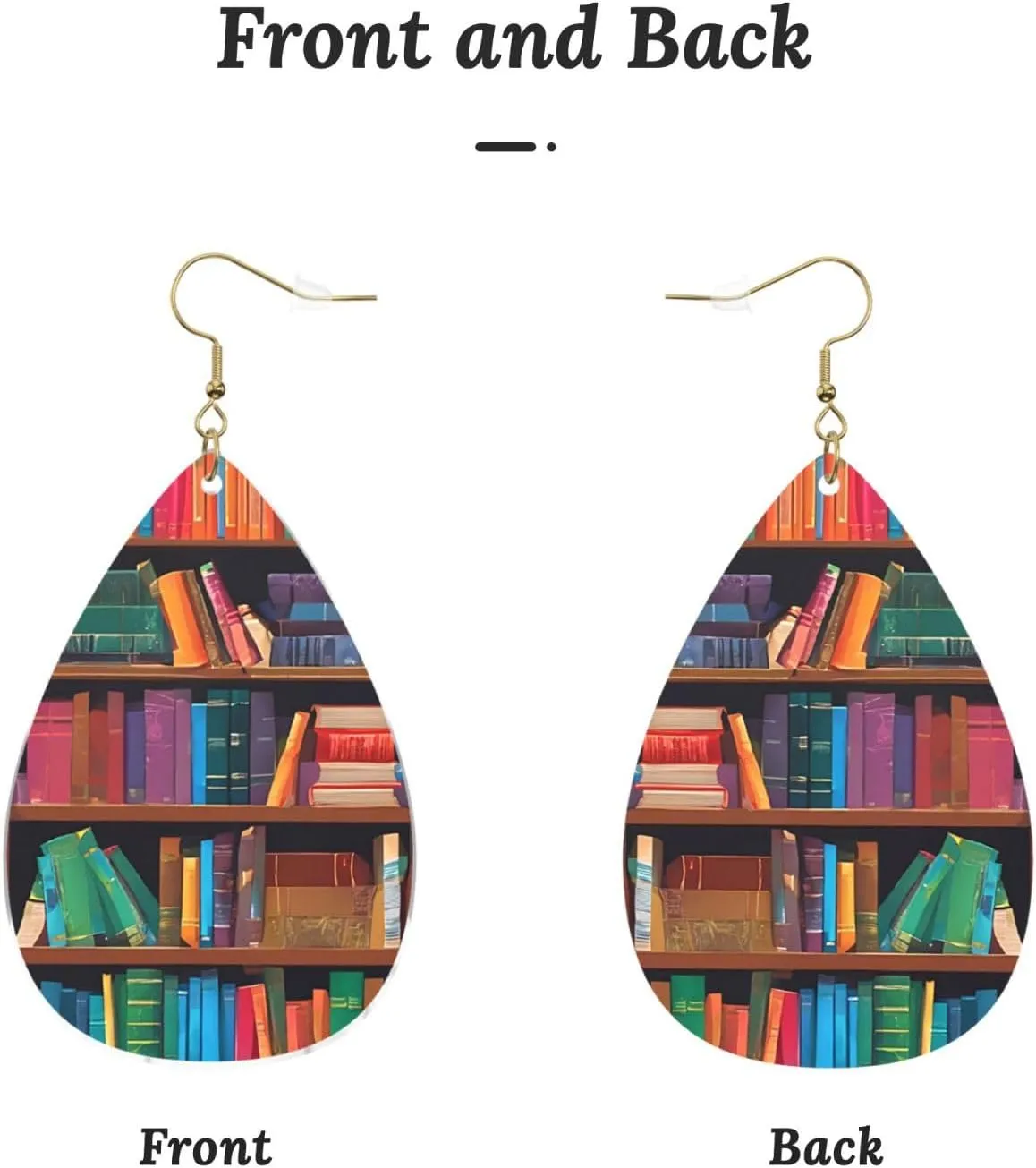 Stylish Drop-Shaped Acrylic Earrings Lightweight Printed Teardrop Dangle Earrings for Women (Library Bookshelf)