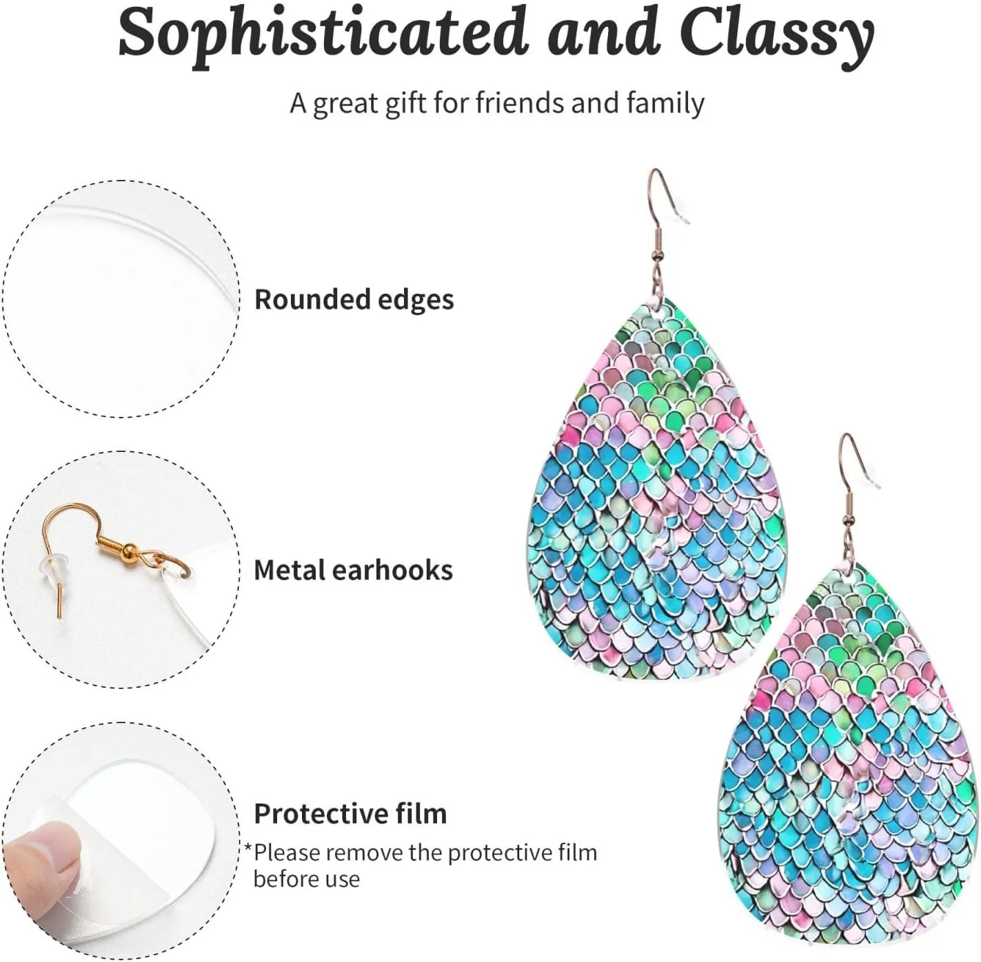 Stylish Drop-Shaped Acrylic Earrings Lightweight Printed Teardrop Dangle Earrings for Women (Mermaid fish scale print)