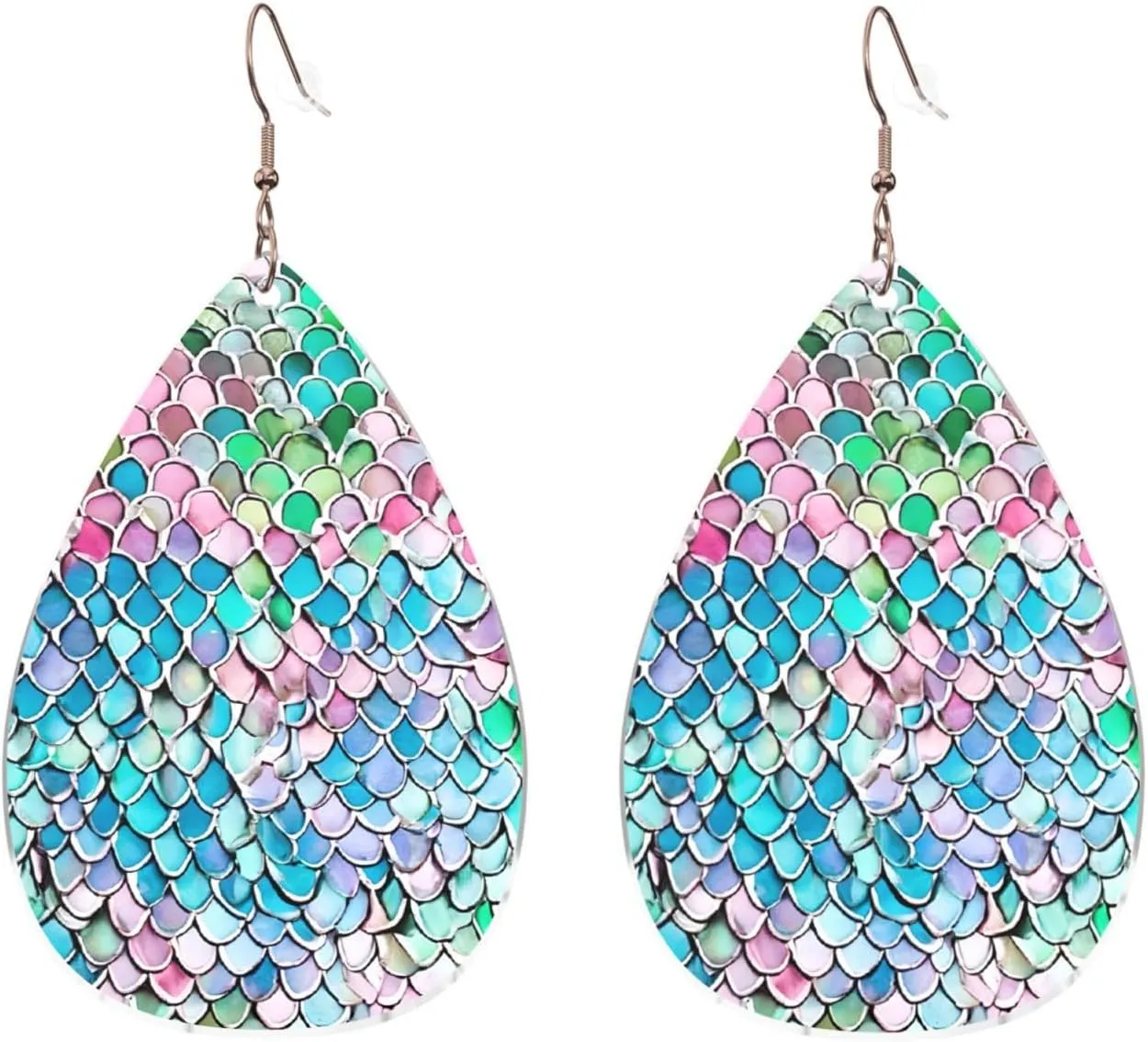 Stylish Drop-Shaped Acrylic Earrings Lightweight Printed Teardrop Dangle Earrings for Women (Mermaid fish scale print)