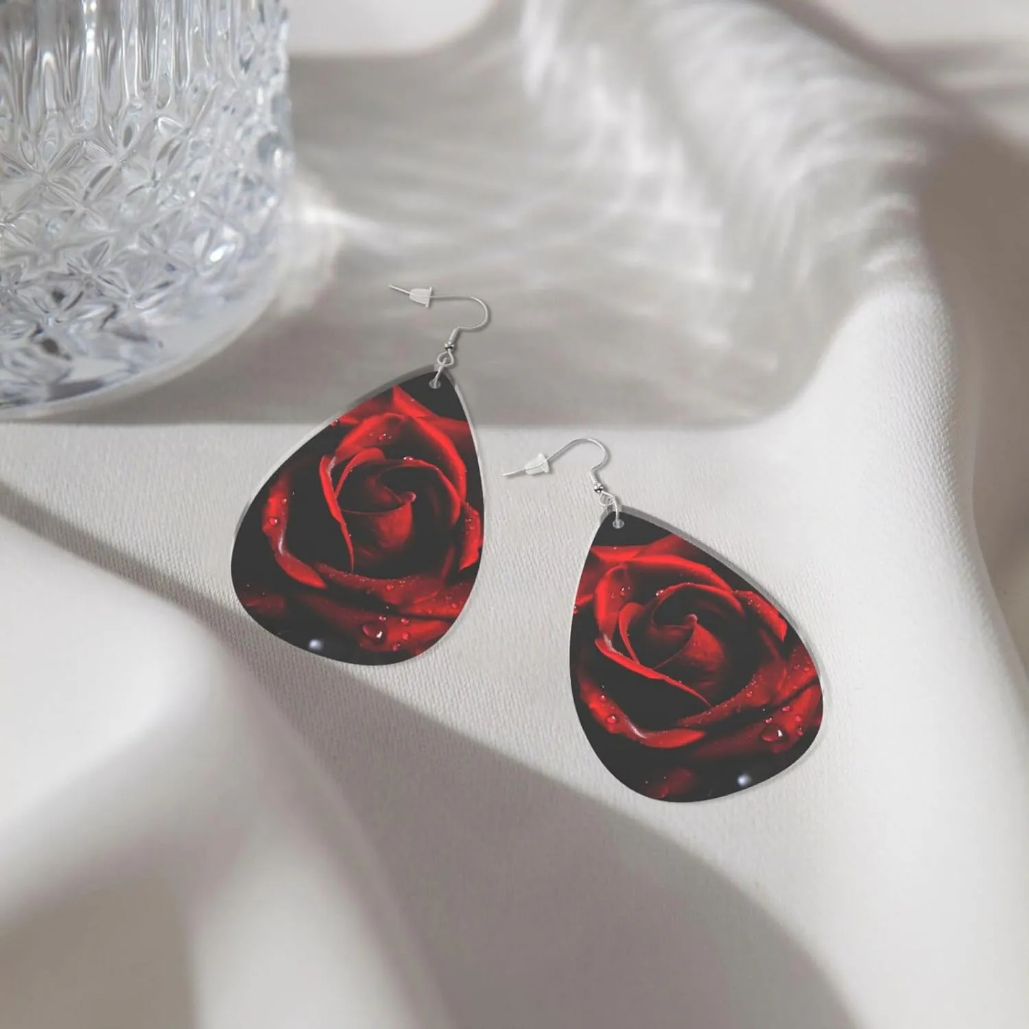 Stylish Drop-Shaped Acrylic Earrings Lightweight Printed Teardrop Dangle Earrings for Women (Red Rose)