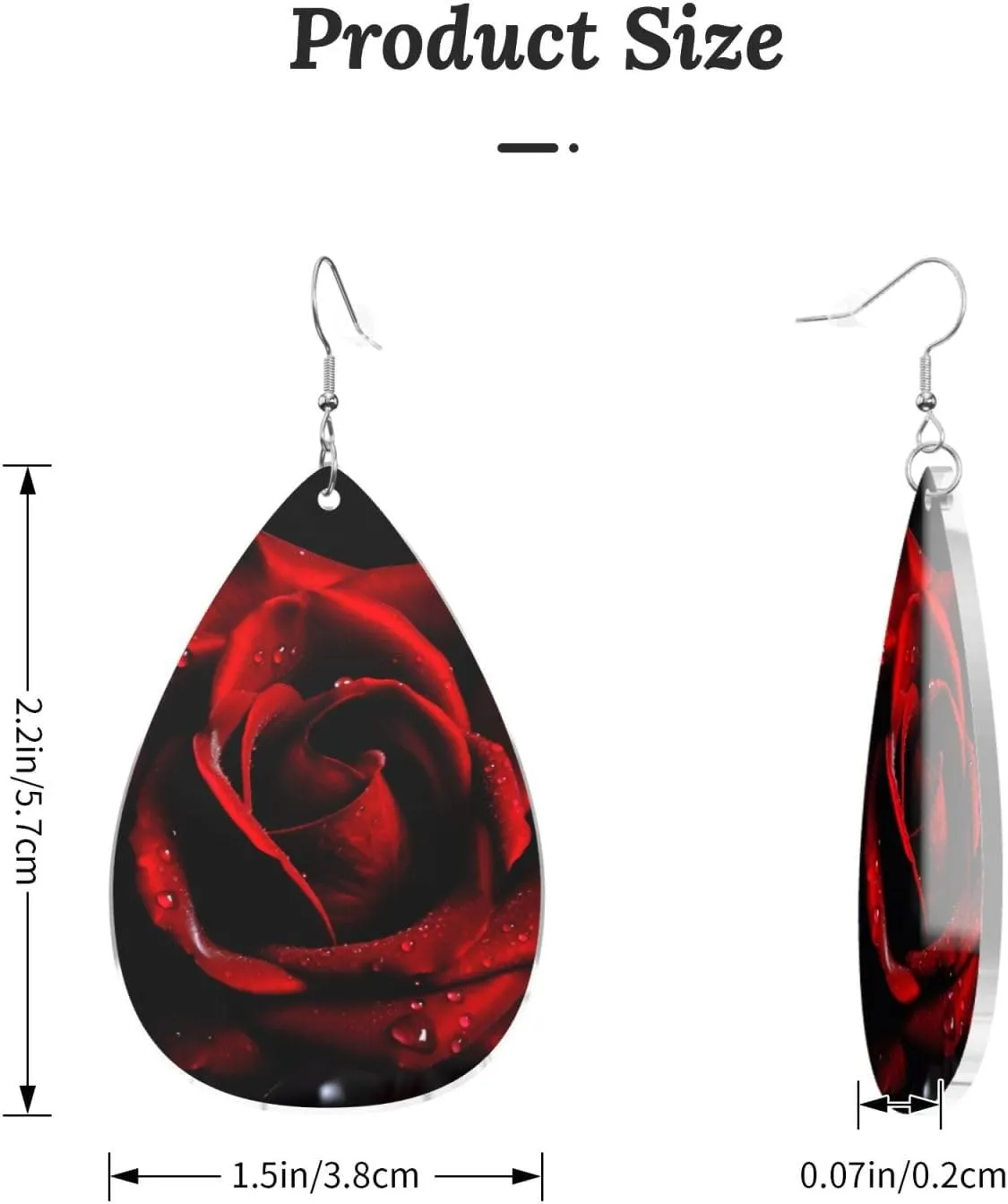 Stylish Drop-Shaped Acrylic Earrings Lightweight Printed Teardrop Dangle Earrings for Women (Red Rose)