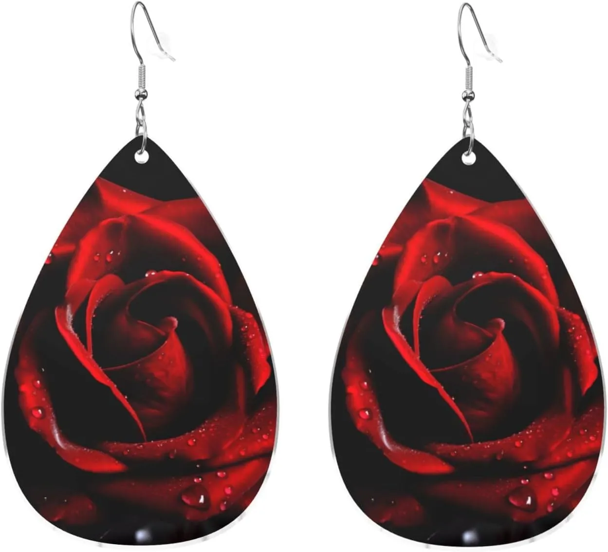 Stylish Drop-Shaped Acrylic Earrings Lightweight Printed Teardrop Dangle Earrings for Women (Red Rose)