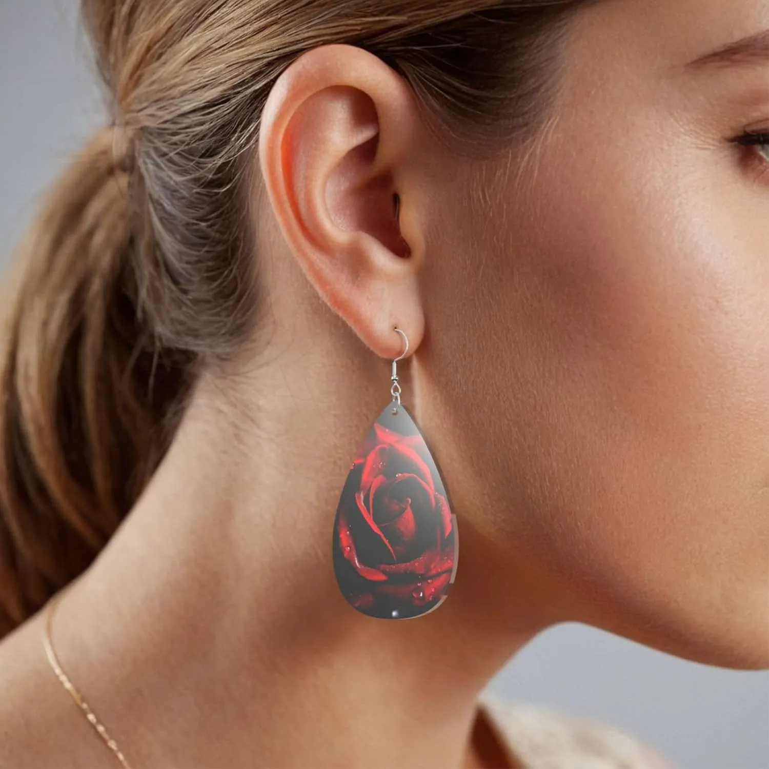 Stylish Drop-Shaped Acrylic Earrings Lightweight Printed Teardrop Dangle Earrings for Women (Red Rose)
