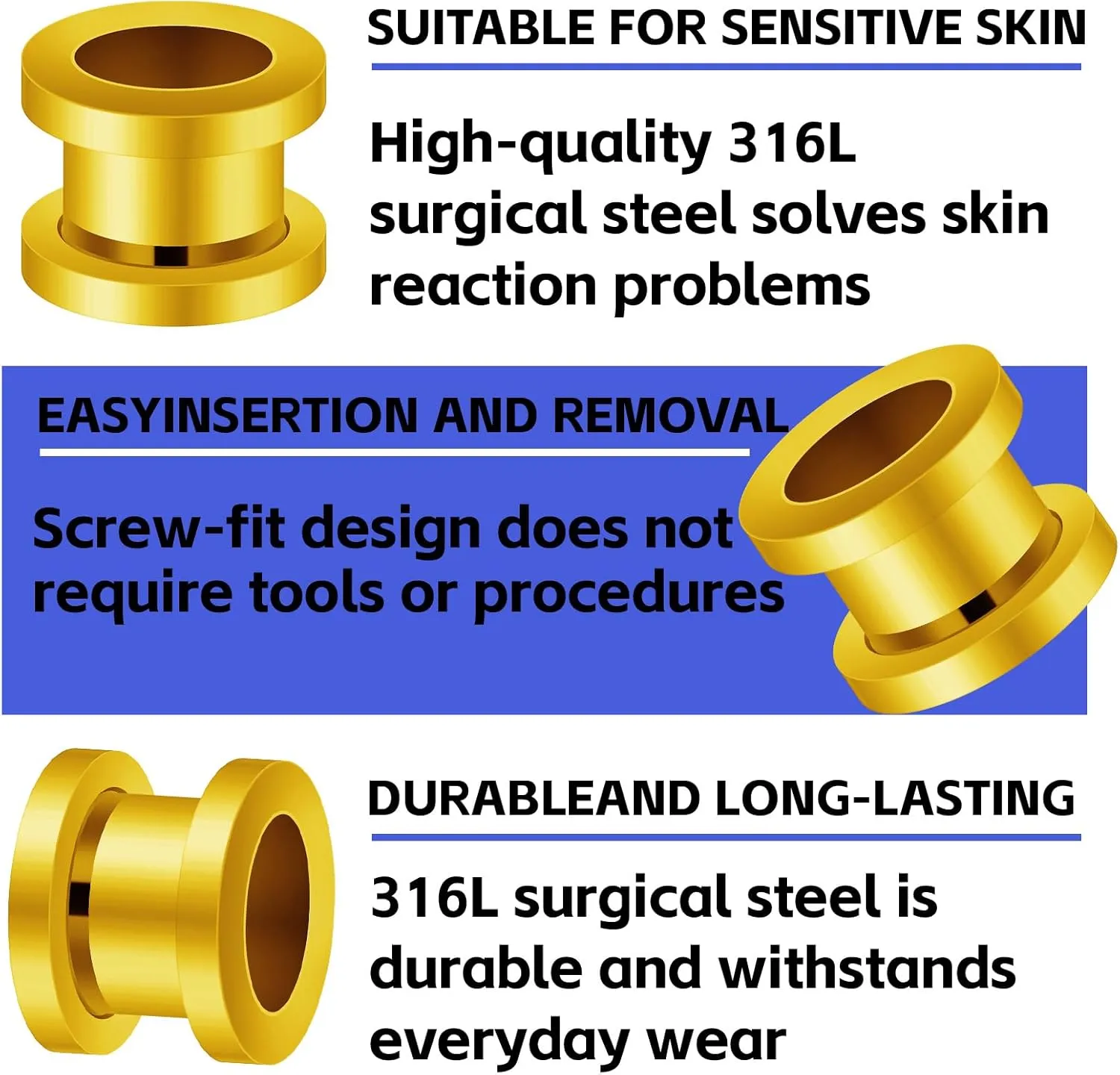 Surgical Steel Gold Anodized Screw-fit Ear Stretching Lobe Plugs, Pair