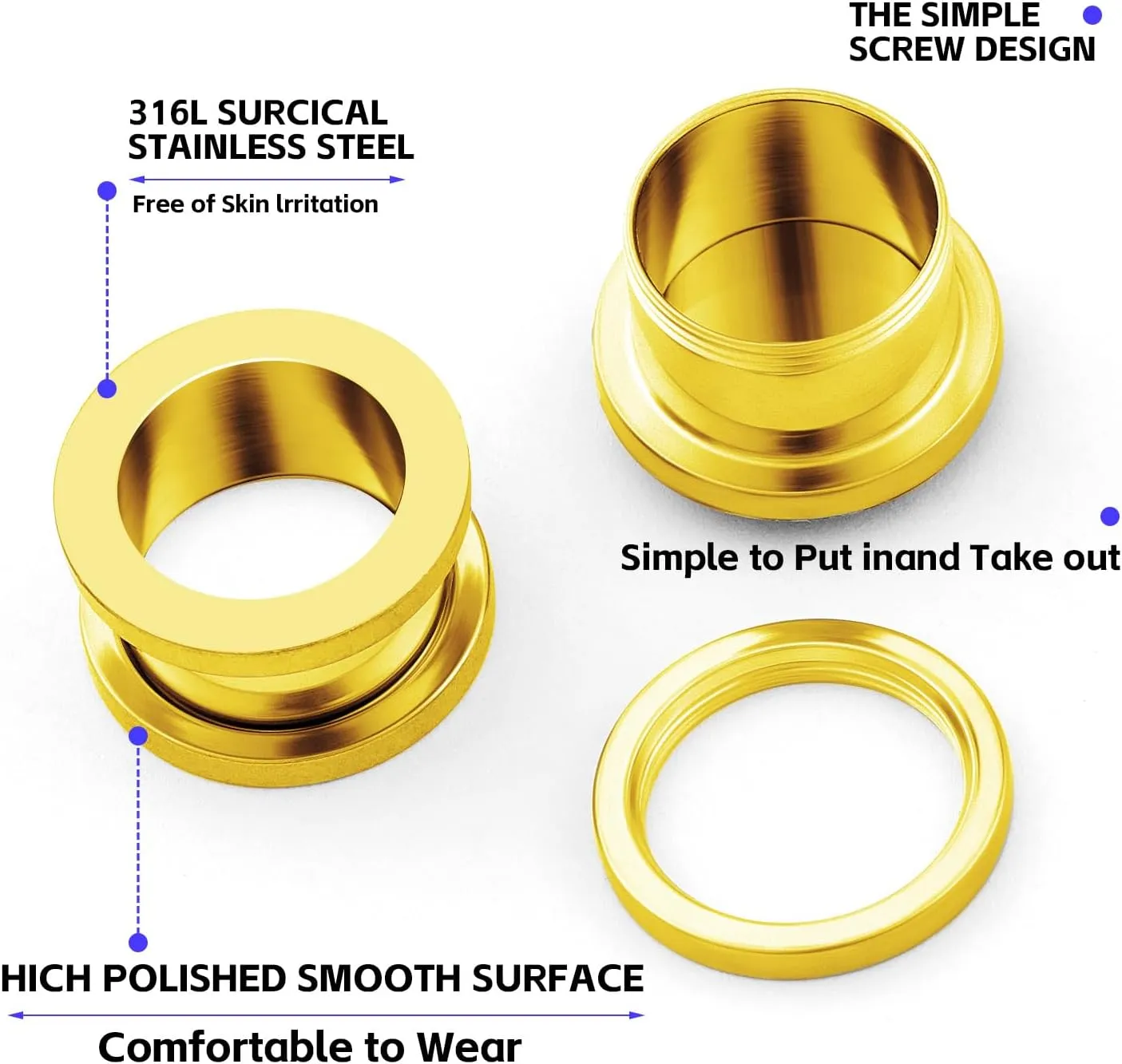 Surgical Steel Gold Anodized Screw-fit Ear Stretching Lobe Plugs, Pair