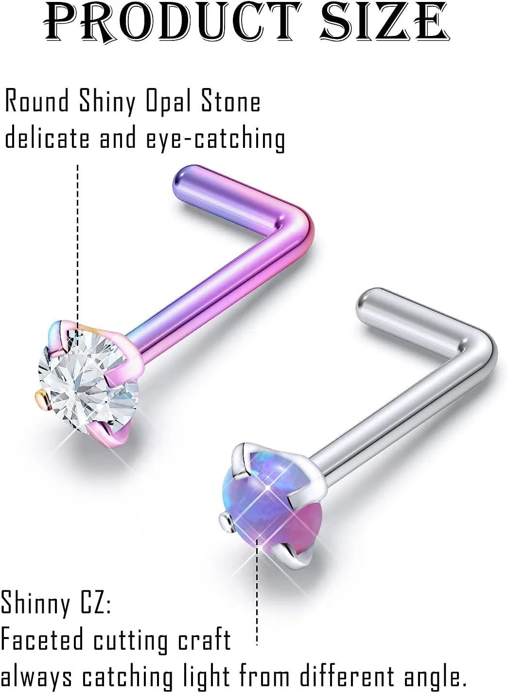 Surgical Steel Nose Ring 20G - Hypoallergenic Nose Studs With Cute Flat Opal Flower Diamond Heart - Straight L Shaped Purple, Pink, Black, Silver for Women Men Gift