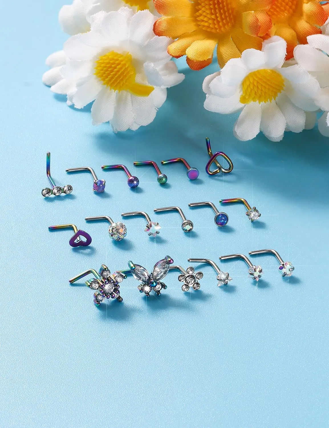 Surgical Steel Nose Ring 20G - Hypoallergenic Nose Studs With Cute Flat Opal Flower Diamond Heart - Straight L Shaped Purple, Pink, Black, Silver for Women Men Gift