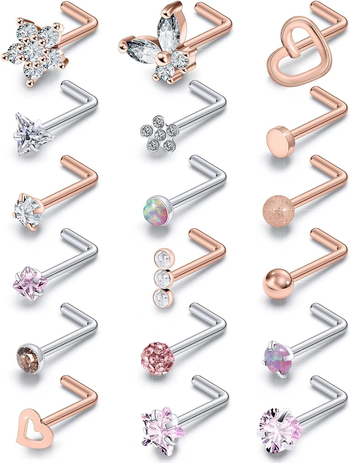 Surgical Steel Nose Ring 20G - Hypoallergenic Nose Studs With Cute Flat Opal Flower Diamond Heart - Straight L Shaped Purple, Pink, Black, Silver for Women Men Gift