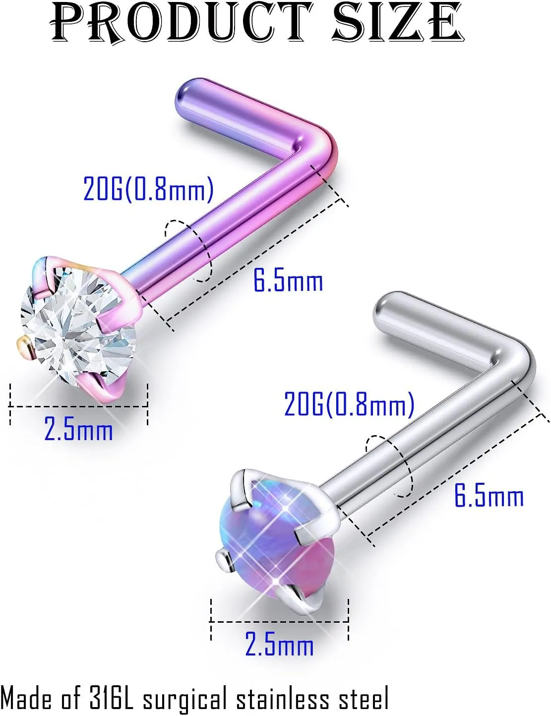 Surgical Steel Nose Ring 20G - Hypoallergenic Nose Studs With Cute Flat Opal Flower Diamond Heart - Straight L Shaped Purple, Pink, Black, Silver for Women Men Gift