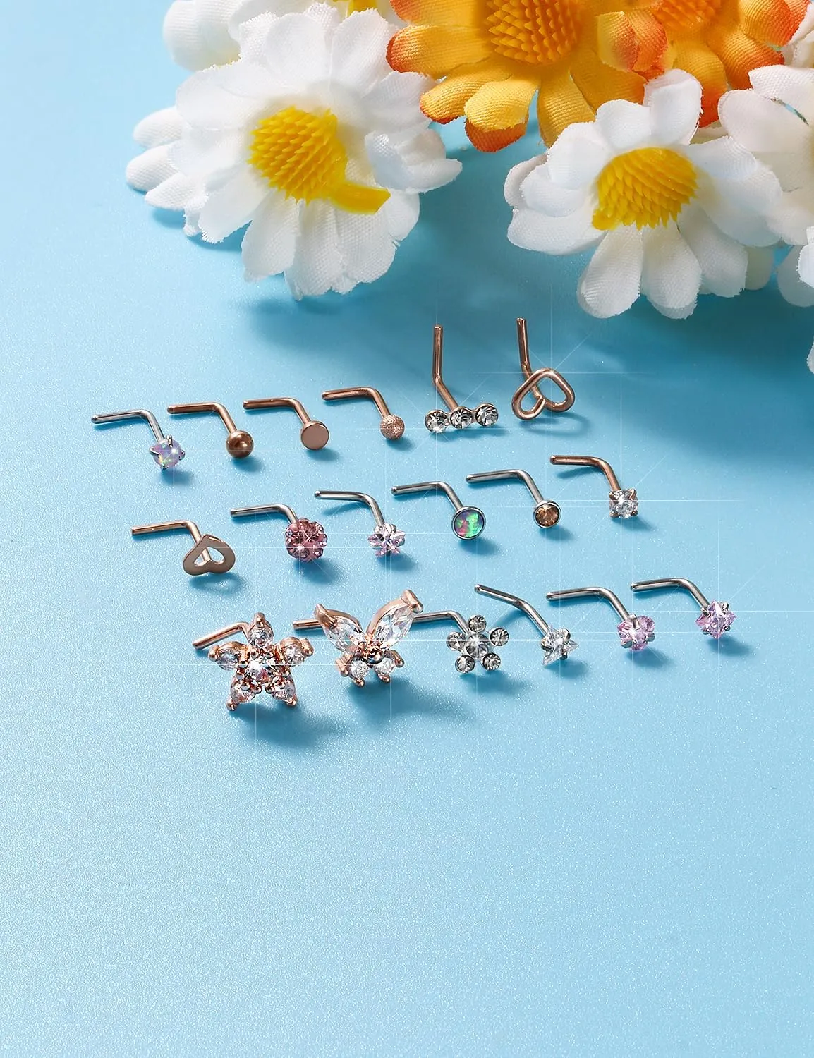 Surgical Steel Nose Ring 20G - Hypoallergenic Nose Studs With Cute Flat Opal Flower Diamond Heart - Straight L Shaped Purple, Pink, Black, Silver for Women Men Gift
