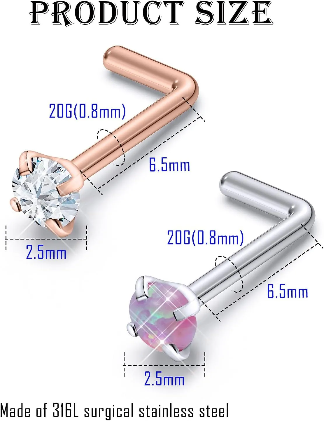 Surgical Steel Nose Ring 20G - Hypoallergenic Nose Studs With Cute Flat Opal Flower Diamond Heart - Straight L Shaped Purple, Pink, Black, Silver for Women Men Gift