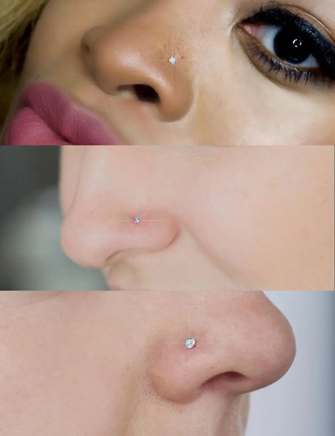 Surgical Steel Nose Ring 20G - Hypoallergenic Nose Studs With Cute Flat Opal Flower Diamond Heart - Straight L Shaped Purple, Pink, Black, Silver for Women Men Gift