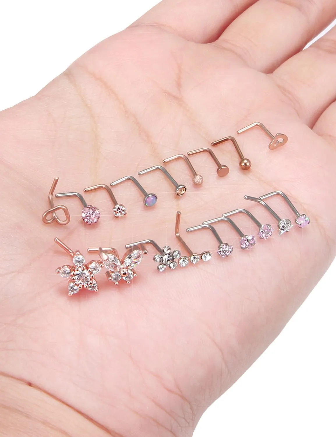 Surgical Steel Nose Ring 20G - Hypoallergenic Nose Studs With Cute Flat Opal Flower Diamond Heart - Straight L Shaped Purple, Pink, Black, Silver for Women Men Gift