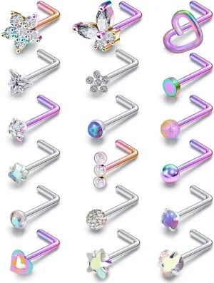 Surgical Steel Nose Ring 20G - Hypoallergenic Nose Studs With Cute Flat Opal Flower Diamond Heart - Straight L Shaped Purple, Pink, Black, Silver for Women Men Gift