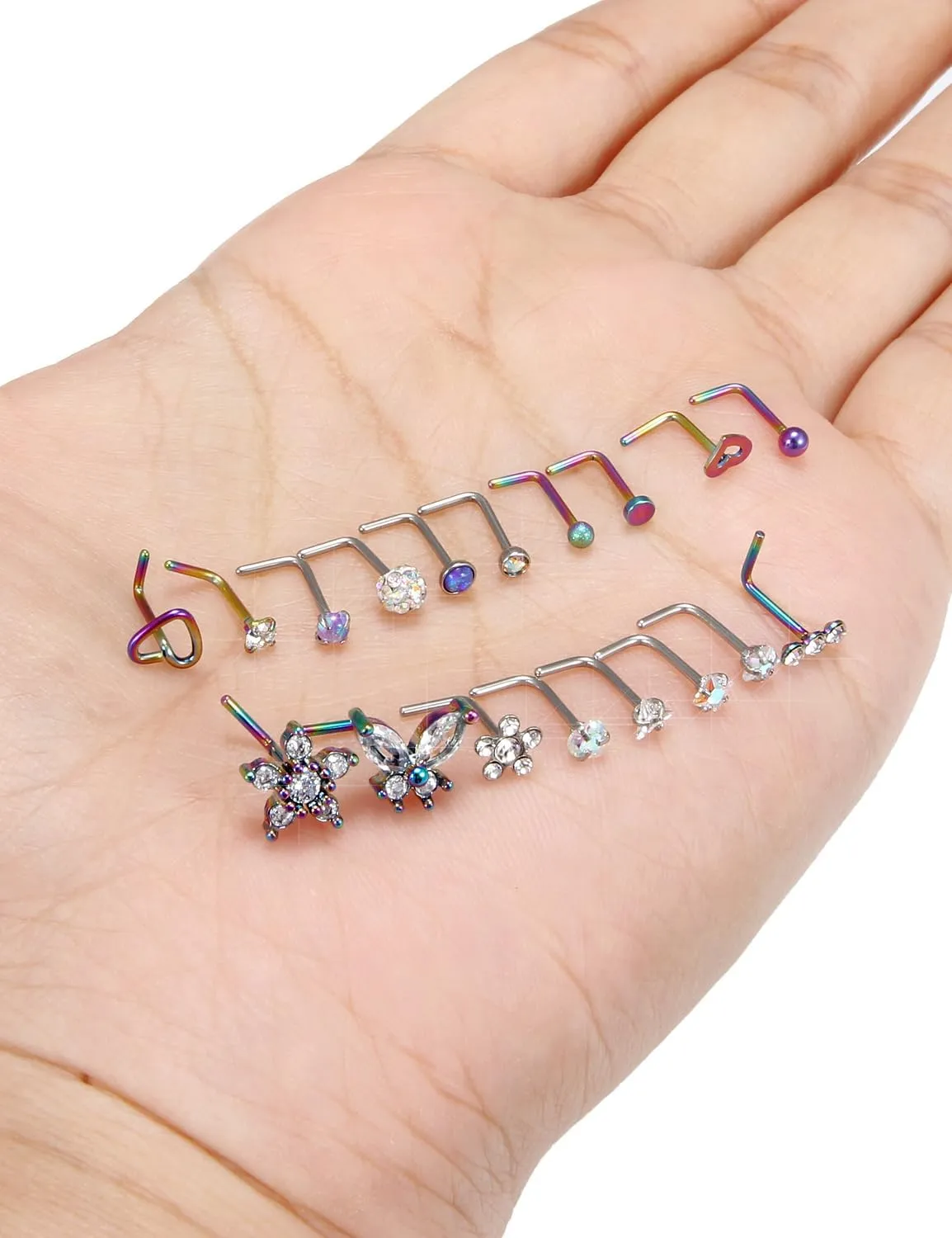 Surgical Steel Nose Ring 20G - Hypoallergenic Nose Studs With Cute Flat Opal Flower Diamond Heart - Straight L Shaped Purple, Pink, Black, Silver for Women Men Gift