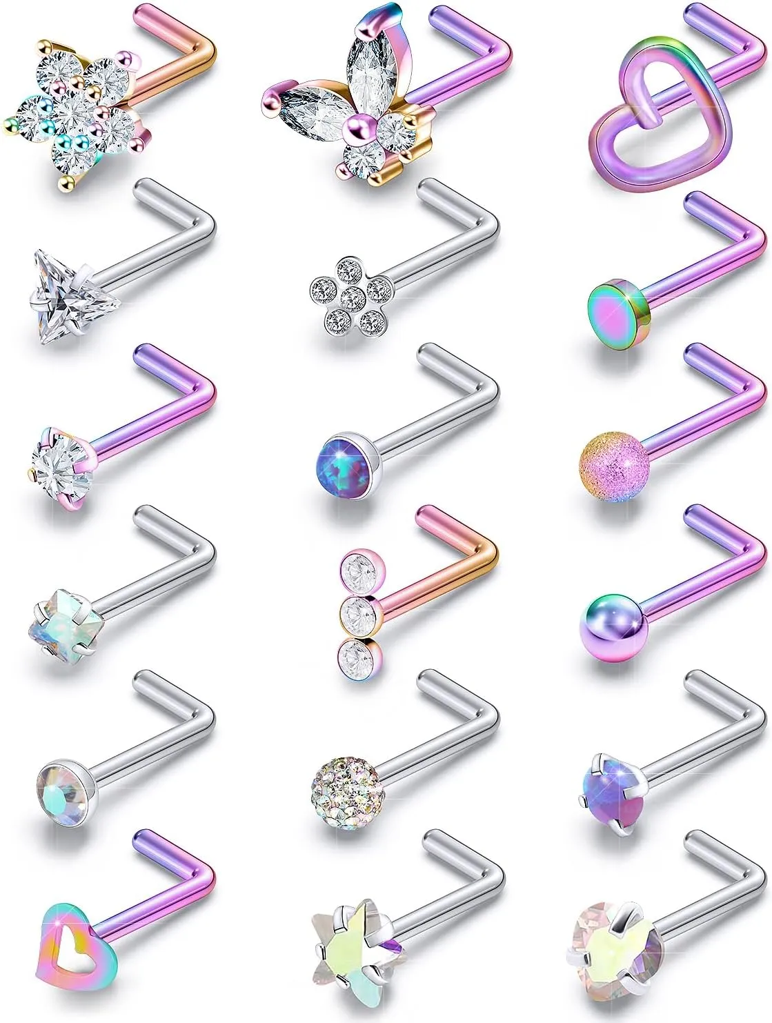 Surgical Steel Nose Ring 20G - Hypoallergenic Nose Studs With Cute Flat Opal Flower Diamond Heart - Straight L Shaped Purple, Pink, Black, Silver for Women Men Gift