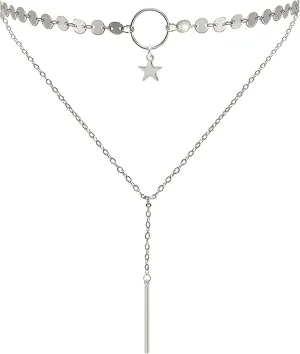 Suyi Stylish Layered Sequins Choker Necklace with Thin Long Chian Pendant for Women Lady