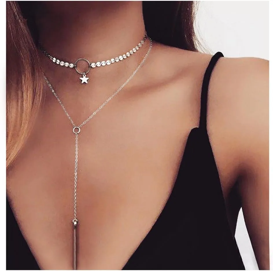 Suyi Stylish Layered Sequins Choker Necklace with Thin Long Chian Pendant for Women Lady