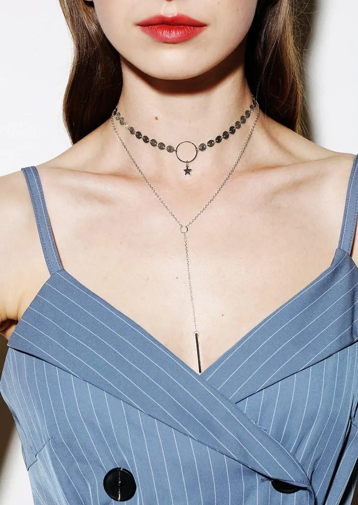Suyi Stylish Layered Sequins Choker Necklace with Thin Long Chian Pendant for Women Lady