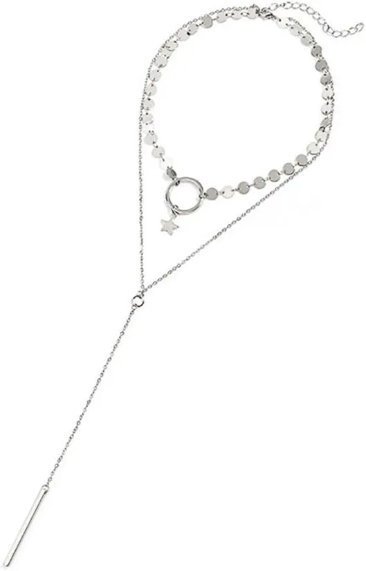 Suyi Stylish Layered Sequins Choker Necklace with Thin Long Chian Pendant for Women Lady