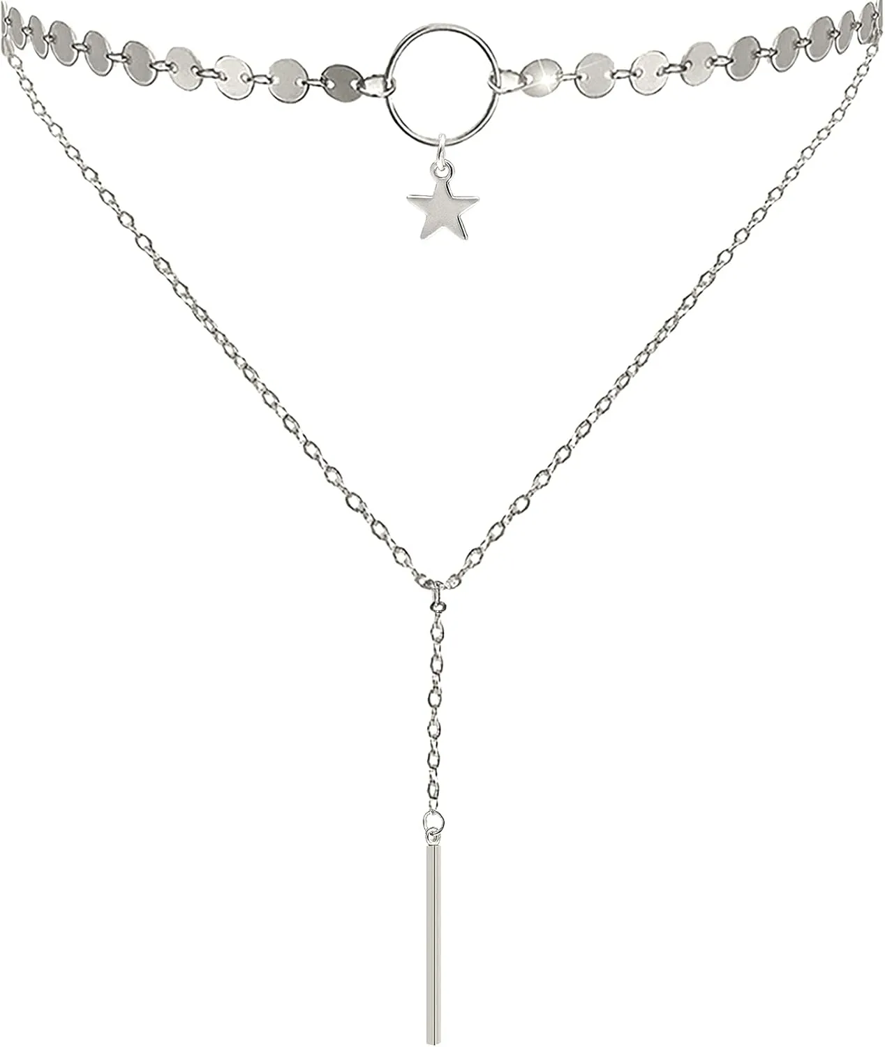 Suyi Stylish Layered Sequins Choker Necklace with Thin Long Chian Pendant for Women Lady