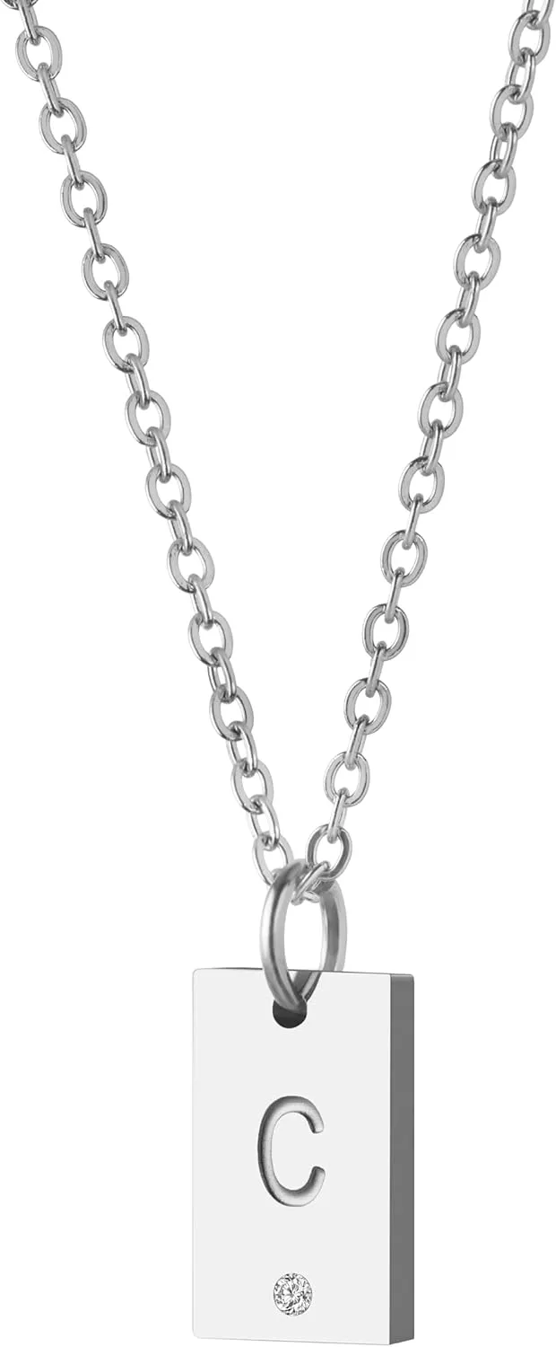 Tasunom Personalized Initial Tag Cubic Zirconia Pendant Necklace for Women 14K Gold Plated Stainless Steel