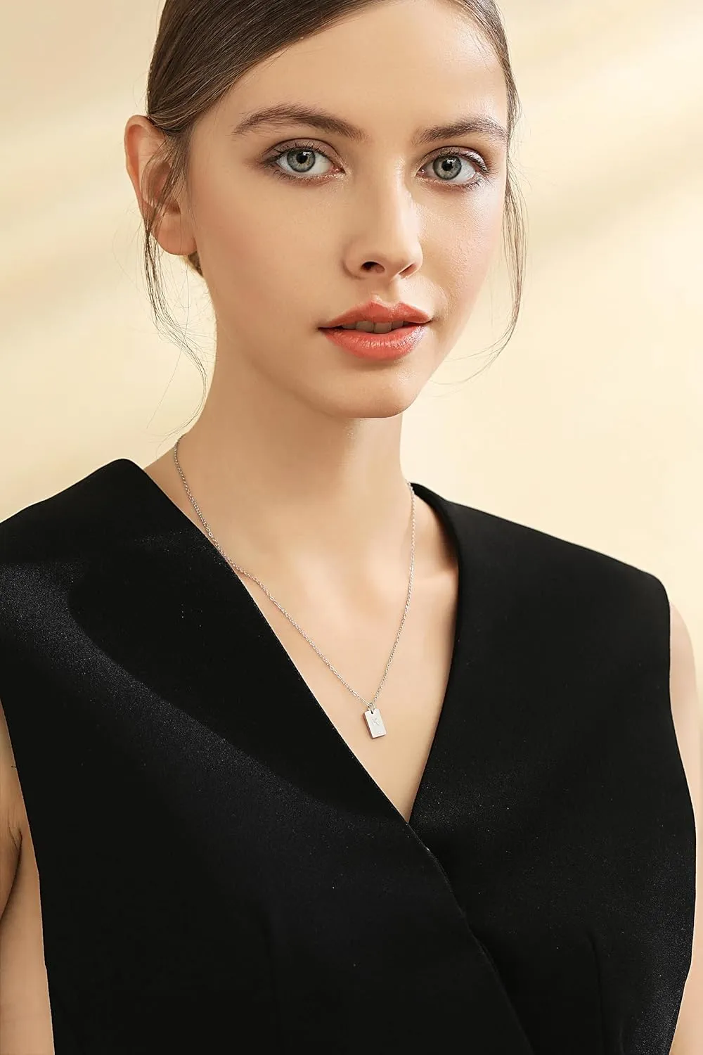Tasunom Personalized Initial Tag Cubic Zirconia Pendant Necklace for Women 14K Gold Plated Stainless Steel