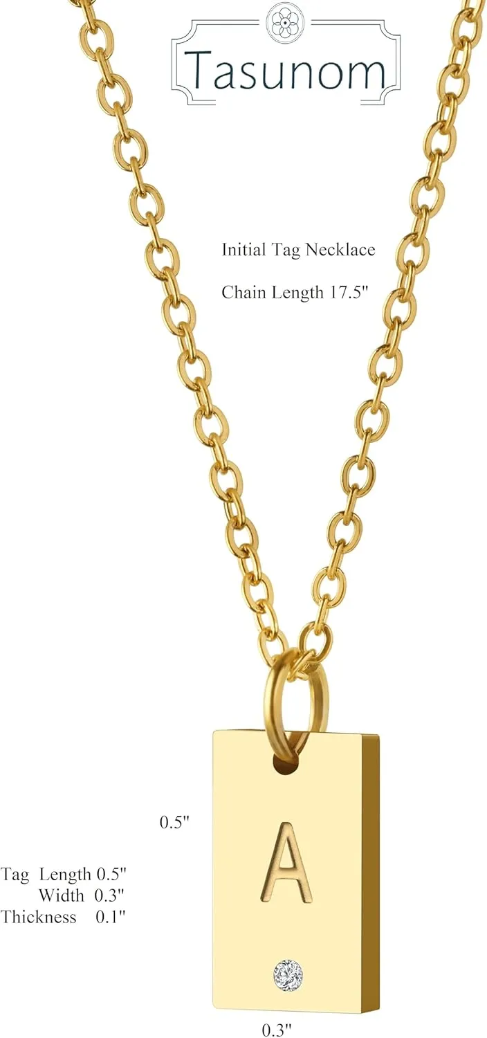 Tasunom Personalized Initial Tag Cubic Zirconia Pendant Necklace for Women 14K Gold Plated Stainless Steel