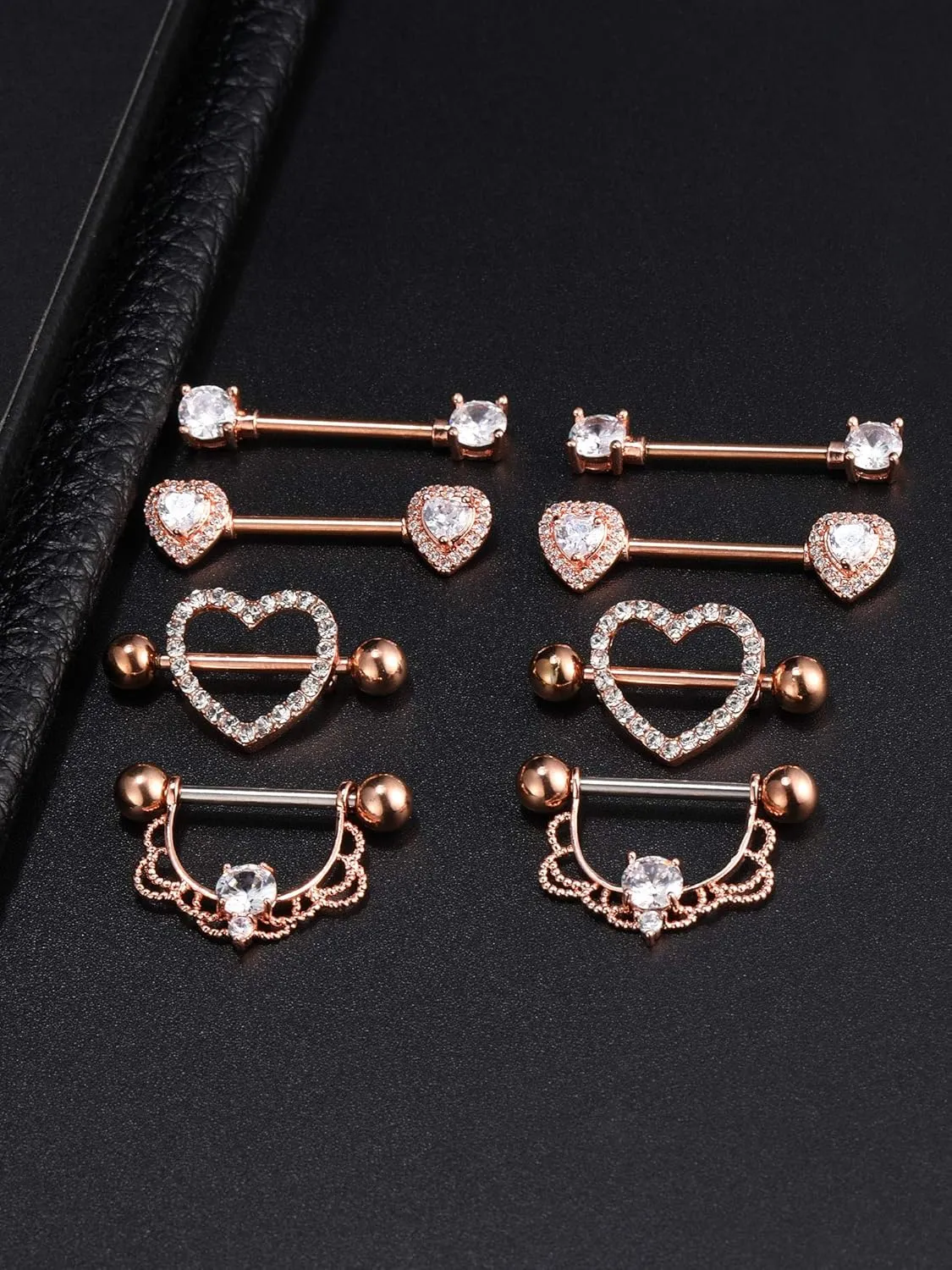 Tatuo 4 Pairs Stainless Steel Nipple Tongue Rings Piercing Body Jewelry Barbell CZ Heart Shape Rings for Women Girls
