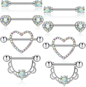 Tatuo 4 Pairs Stainless Steel Nipple Tongue Rings Piercing Body Jewelry Barbell CZ Heart Shape Rings for Women Girls