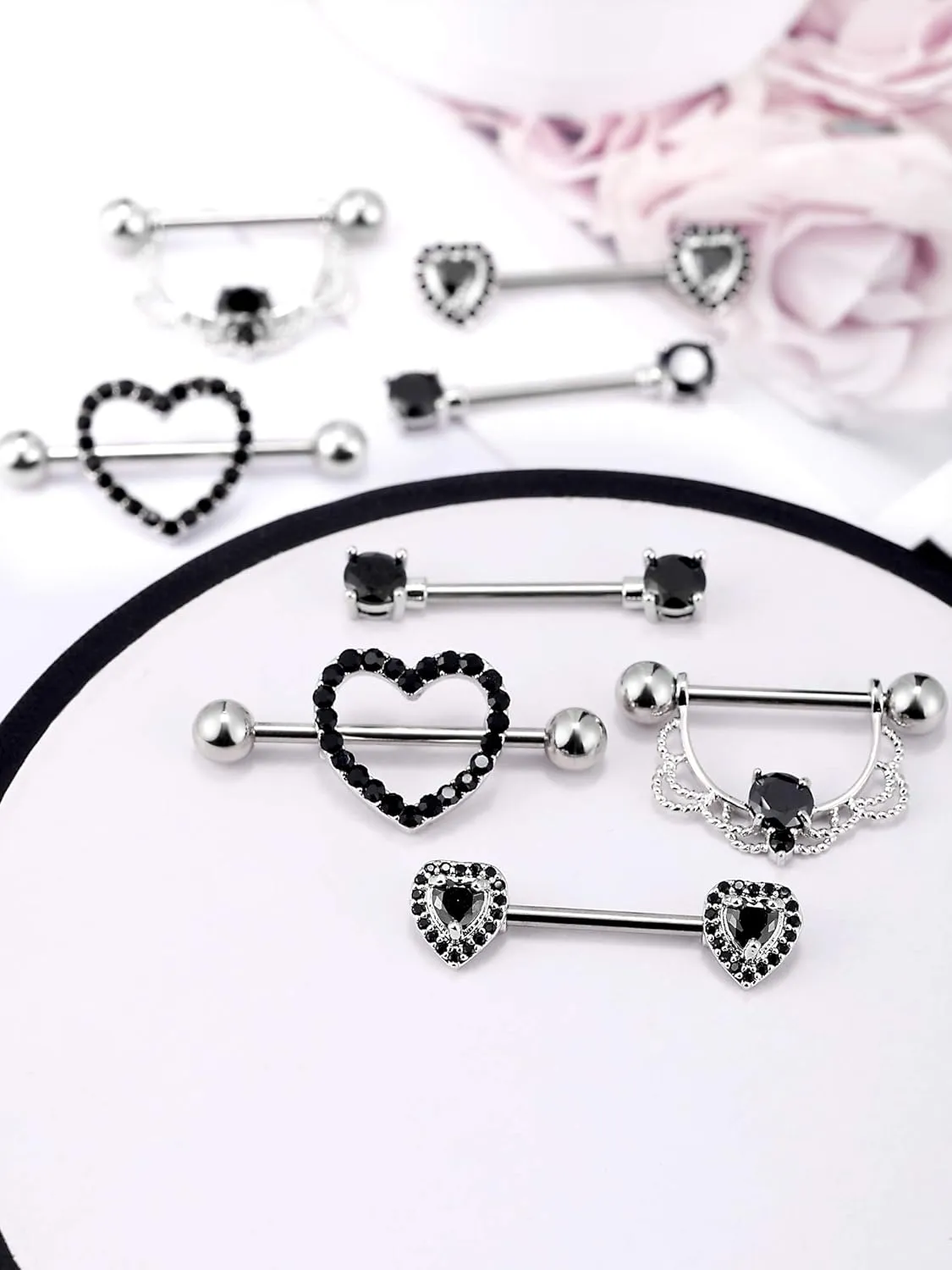Tatuo 4 Pairs Stainless Steel Nipple Tongue Rings Piercing Body Jewelry Barbell CZ Heart Shape Rings for Women Girls