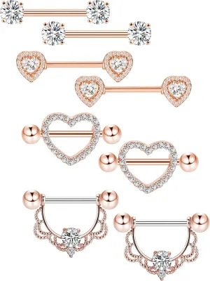 Tatuo 4 Pairs Stainless Steel Nipple Tongue Rings Piercing Body Jewelry Barbell CZ Heart Shape Rings for Women Girls