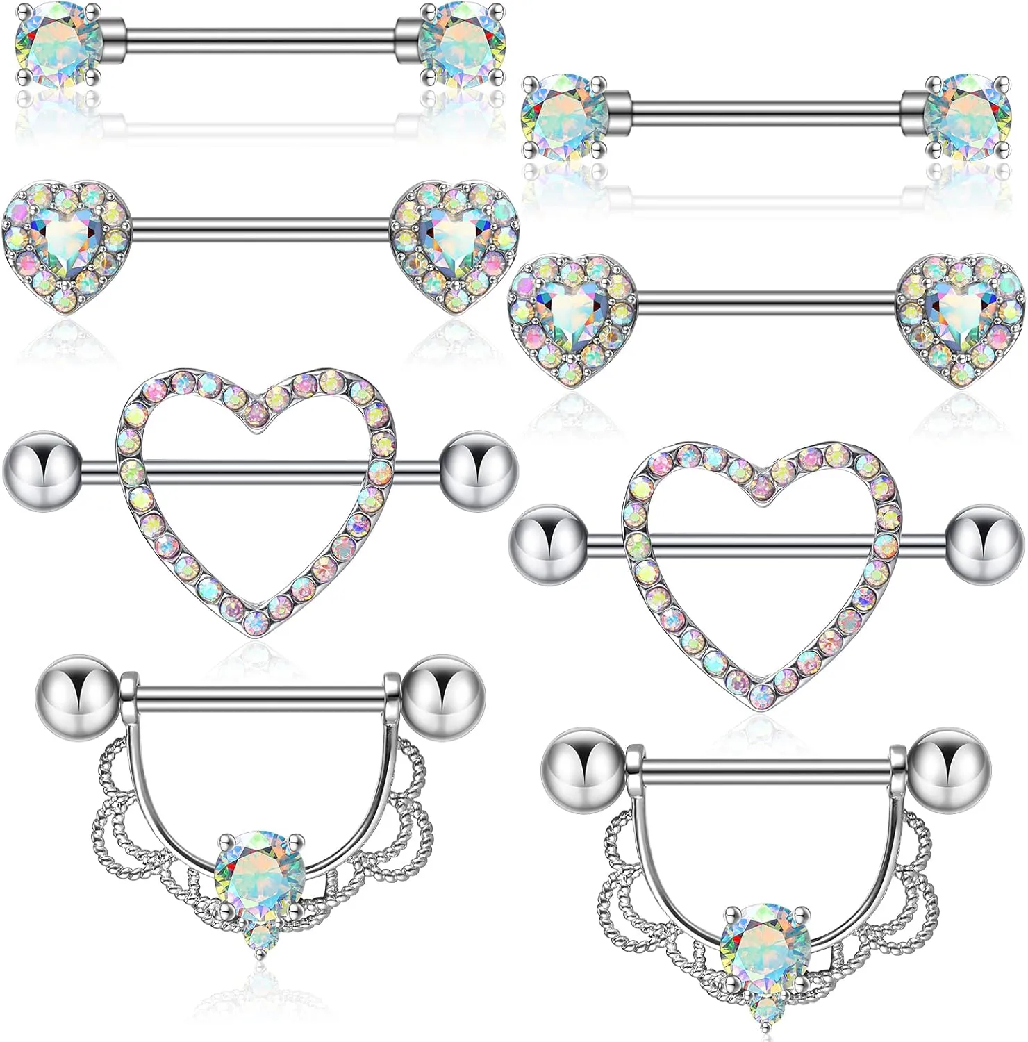 Tatuo 4 Pairs Stainless Steel Nipple Tongue Rings Piercing Body Jewelry Barbell CZ Heart Shape Rings for Women Girls