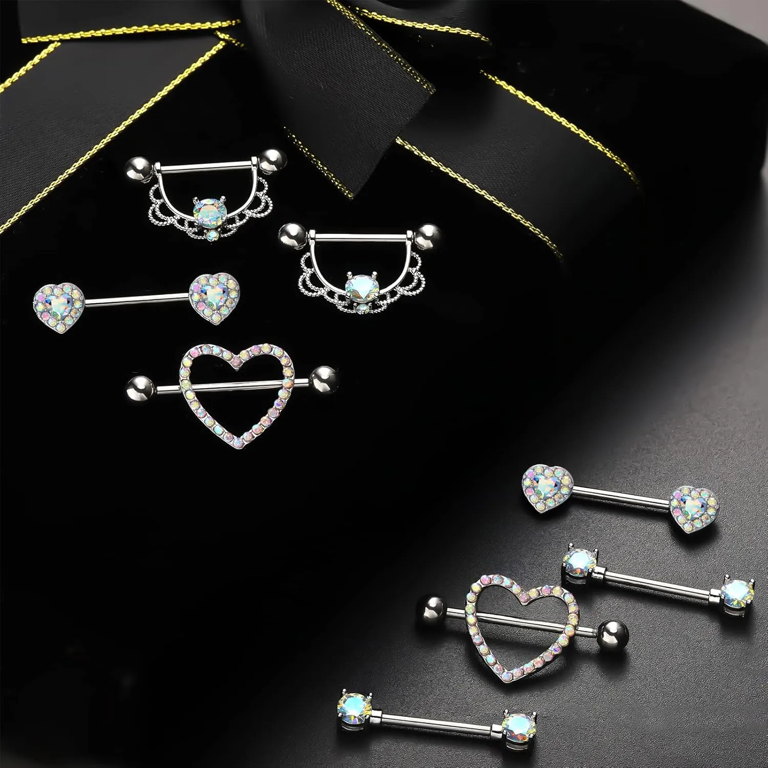 Tatuo 4 Pairs Stainless Steel Nipple Tongue Rings Piercing Body Jewelry Barbell CZ Heart Shape Rings for Women Girls