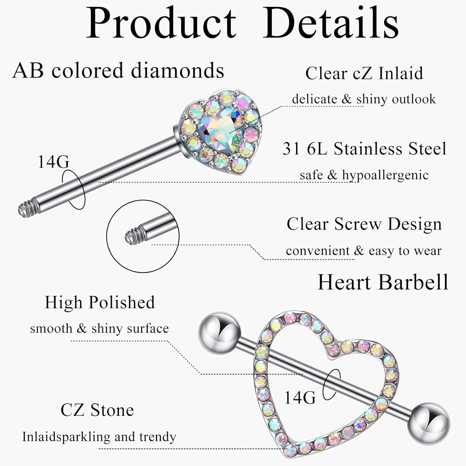 Tatuo 4 Pairs Stainless Steel Nipple Tongue Rings Piercing Body Jewelry Barbell CZ Heart Shape Rings for Women Girls