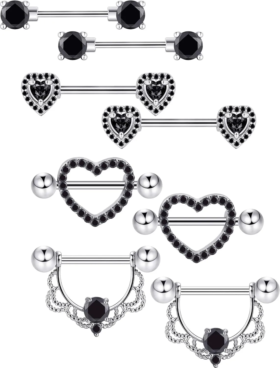 Tatuo 4 Pairs Stainless Steel Nipple Tongue Rings Piercing Body Jewelry Barbell CZ Heart Shape Rings for Women Girls