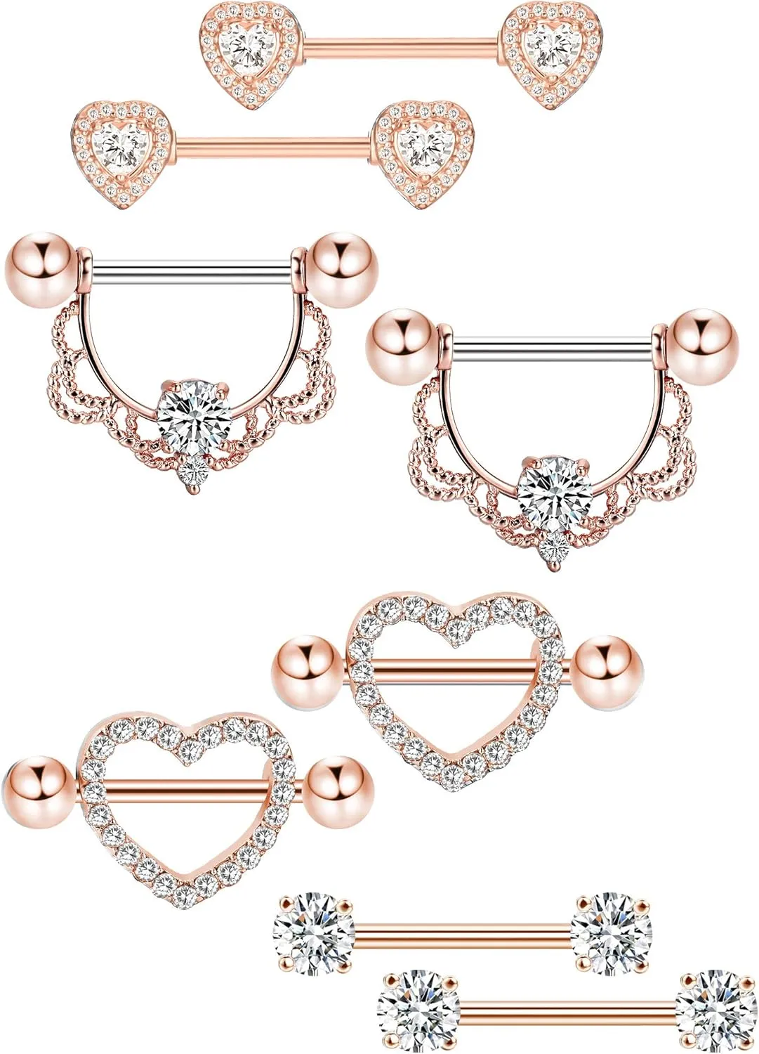 Tatuo 4 Pairs Stainless Steel Nipple Tongue Rings Piercing Body Jewelry Barbell CZ Heart Shape Rings for Women Girls