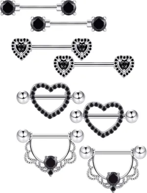Tatuo 4 Pairs Stainless Steel Nipple Tongue Rings Piercing Body Jewelry Barbell CZ Heart Shape Rings for Women Girls