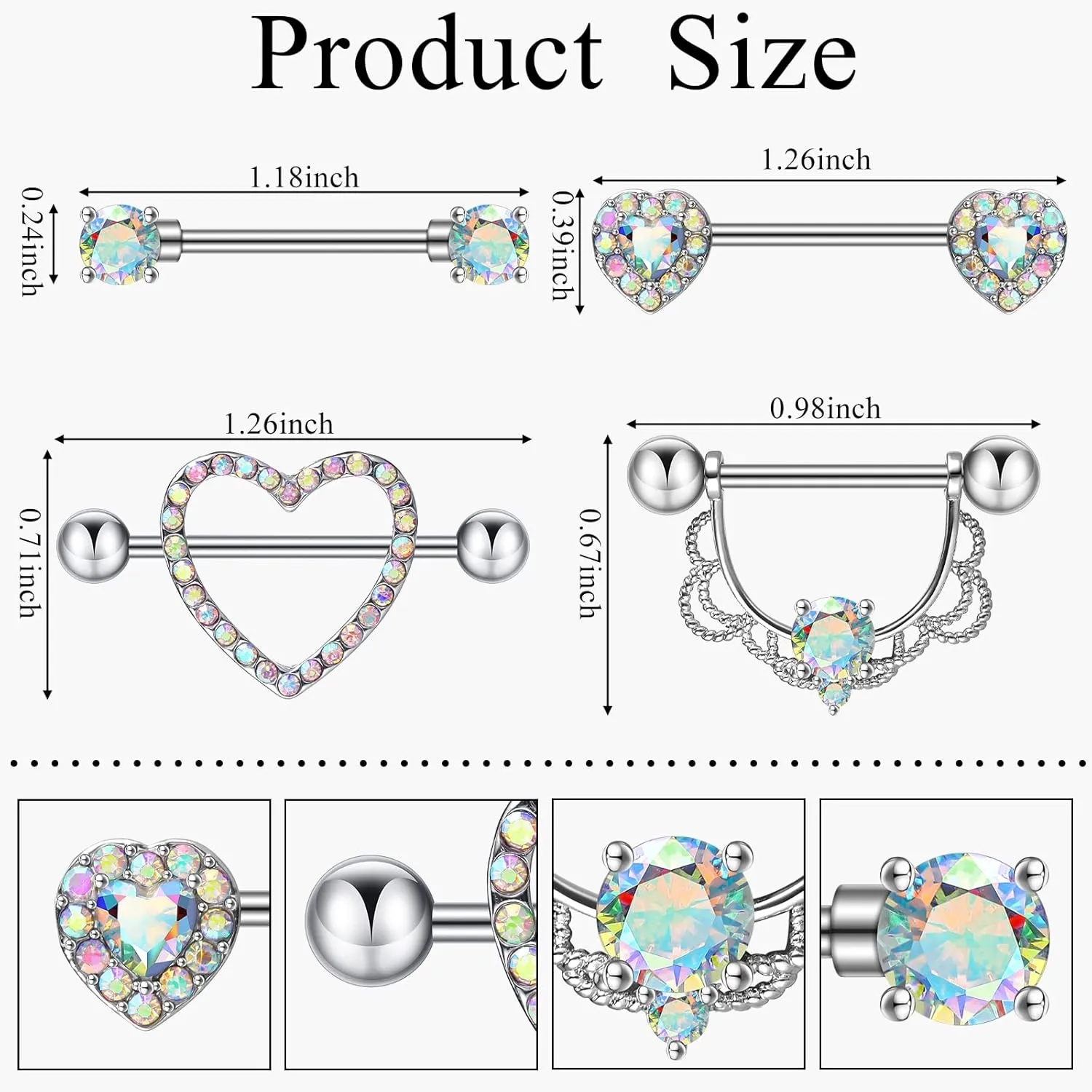Tatuo 4 Pairs Stainless Steel Nipple Tongue Rings Piercing Body Jewelry Barbell CZ Heart Shape Rings for Women Girls