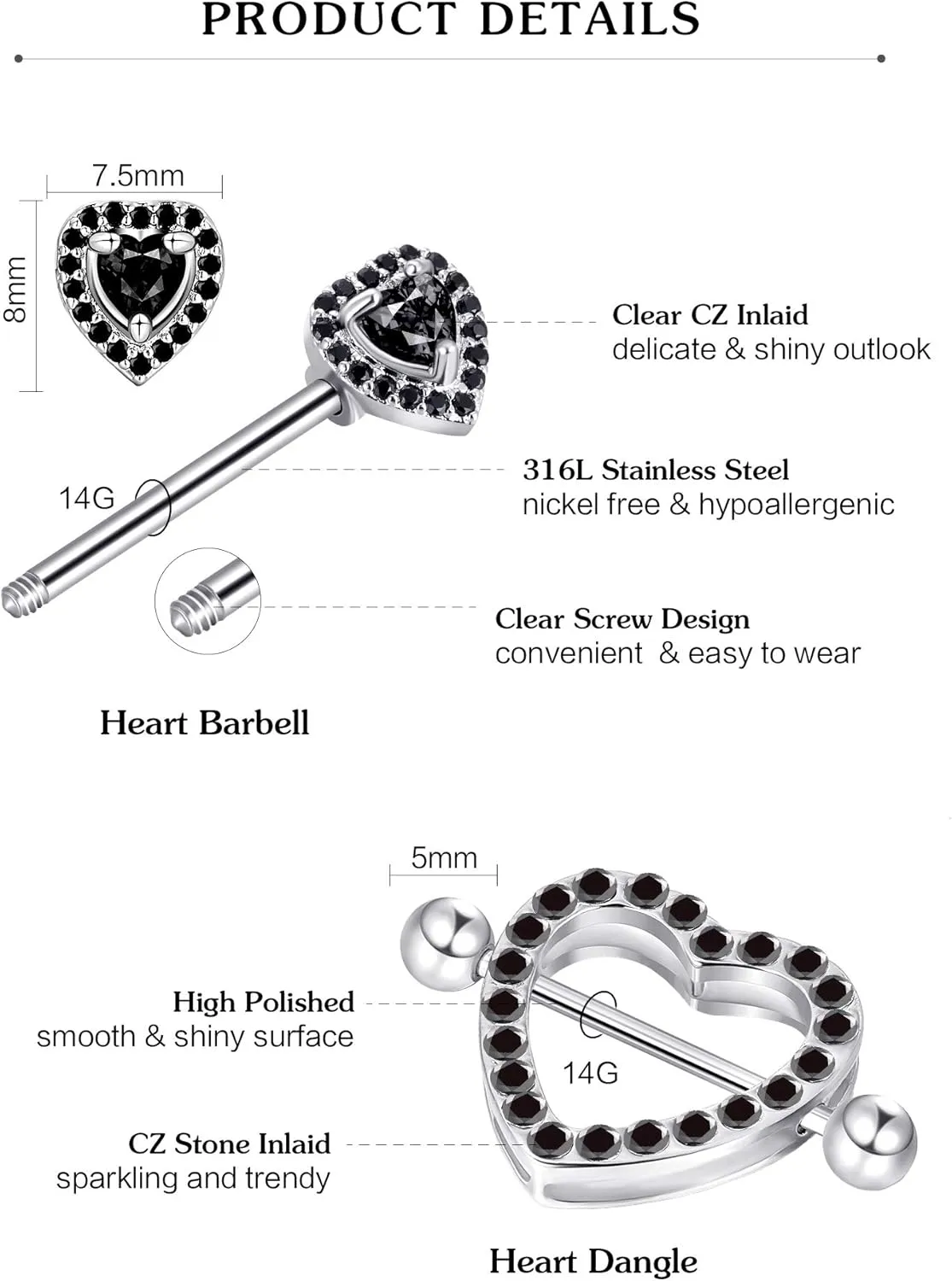 Tatuo 4 Pairs Stainless Steel Nipple Tongue Rings Piercing Body Jewelry Barbell CZ Heart Shape Rings for Women Girls