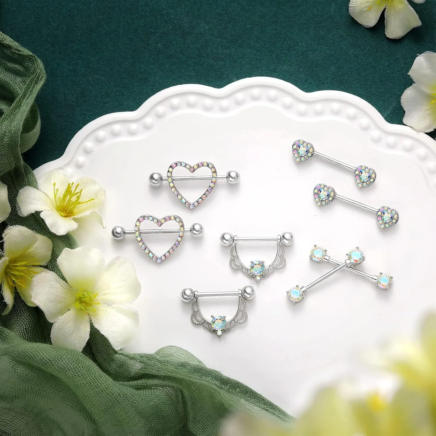 Tatuo 4 Pairs Stainless Steel Nipple Tongue Rings Piercing Body Jewelry Barbell CZ Heart Shape Rings for Women Girls