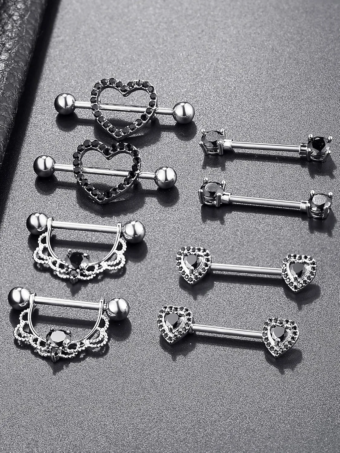 Tatuo 4 Pairs Stainless Steel Nipple Tongue Rings Piercing Body Jewelry Barbell CZ Heart Shape Rings for Women Girls