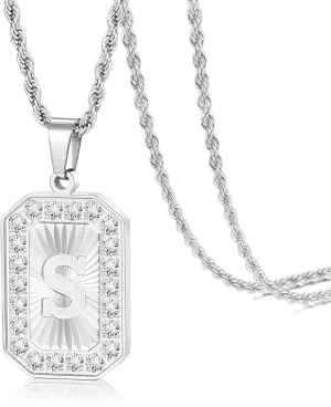TempBeau Letter Chain Necklace for Men Square Diamond Capital Monogram Pendant S Necklaces with Stainless Steel Link Silver Rope Chain 22 2 Inch,Trendy Name Initial Jewelry Gifts for Men