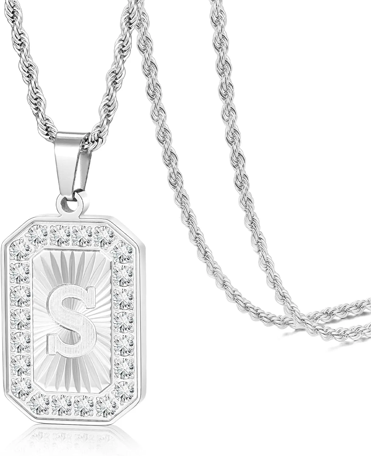 TempBeau Letter Chain Necklace for Men Square Diamond Capital Monogram Pendant S Necklaces with Stainless Steel Link Silver Rope Chain 22 2 Inch,Trendy Name Initial Jewelry Gifts for Men